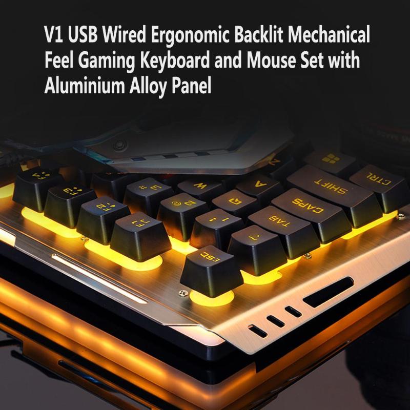 USB Wired Metal Ergonomic Backlight Mechanical Feel Gaming Keyboard Mouse Set with Aluminium Alloy Panel