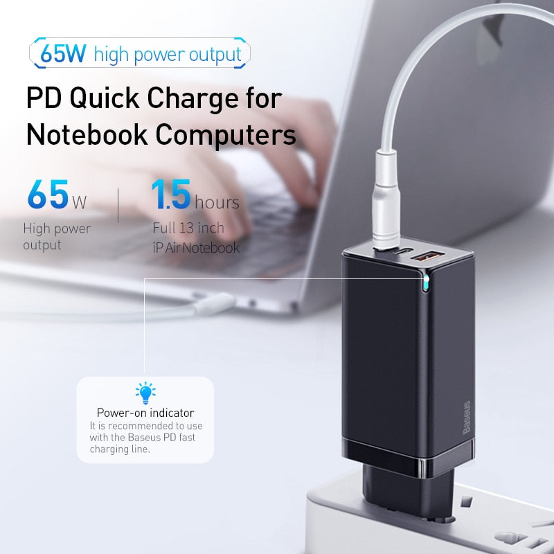 Baseus 65W GaN Charger Quick Charge 4.0 3.0 Type C PD Fast Charger 3 Port USB Charger with QC 4.0 3.0 Portable Phone Charger